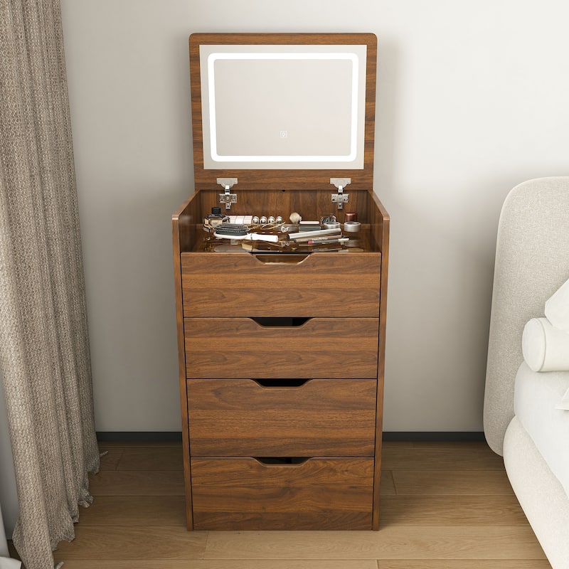 3-in-1 Vanity Desk with Lighted Mirror, Small Flip Top Dressing Table Set, Makeup Table with Visible Glass Top, Drawers & Stool