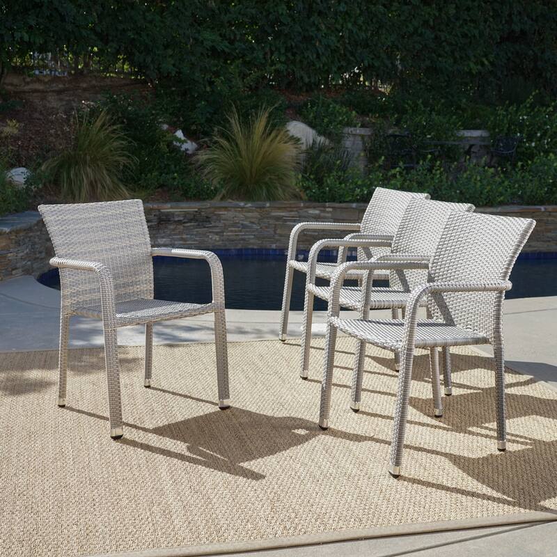 Dover Outdoor Wicker Armed Lightweight Stacking Chairs (Set of 4) by Christopher Knight Home
