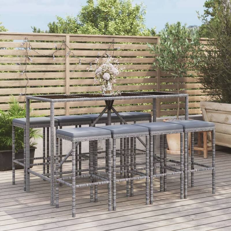 vidaXL 5 Piece Patio Bar Set with Cushions Black Poly Rattan - Gray9 Piece 70.9" x 27.6" x 43.3"