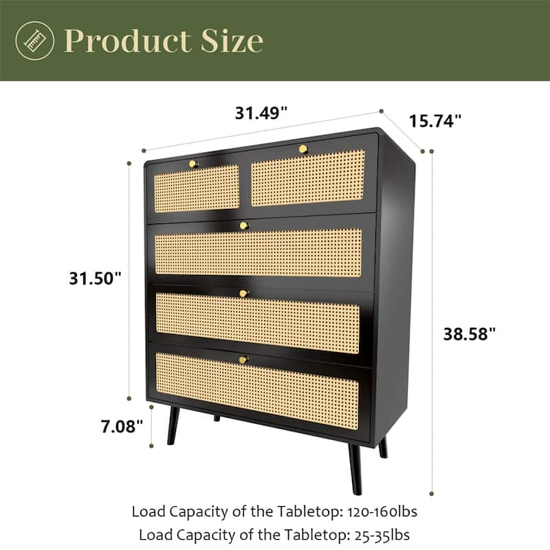 4 Drawer Modern Rattan Dresser Chest with Wide Drawers,Metal Handles