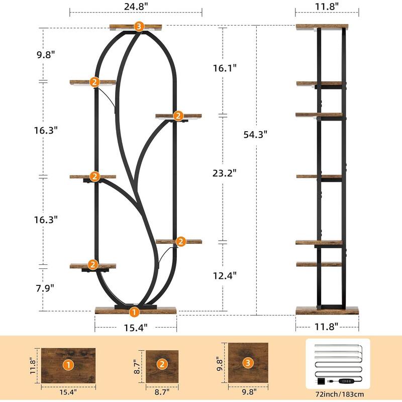Brown-Black Wood 7-Tier Indoor Plant Stand Shelf with Grow Lights - 24.8" L x 11.8" W x 54.3" H