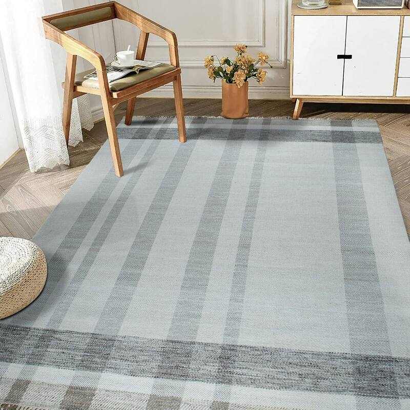 Gray Hand-Knotted Wool Contemporary Flat Modern Plaid Area Rug, Luxurious Soft Texture for Living Rooms - L
