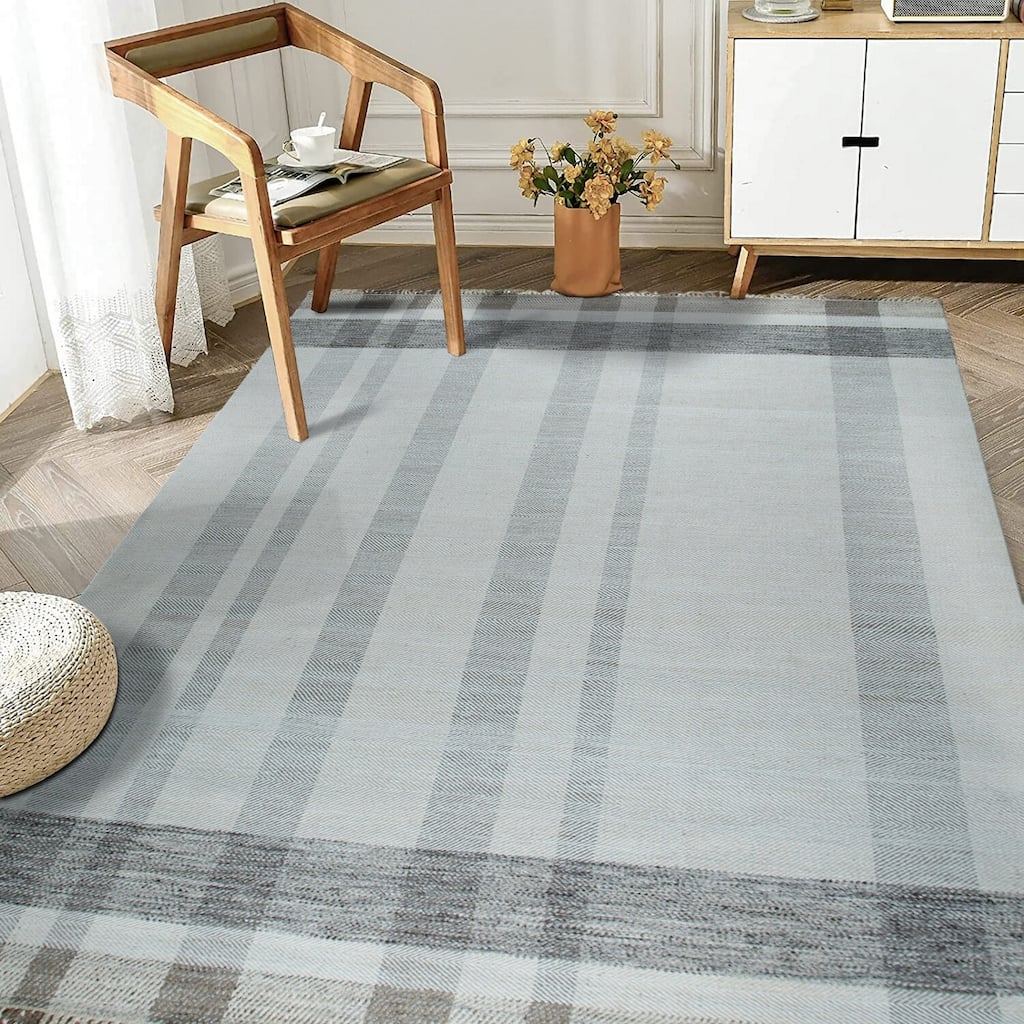 Gray Hand-Knotted Wool Contemporary Flat Modern Plaid Area Rug, Stylish Handcrafted Texture for Bedrooms or Home - L