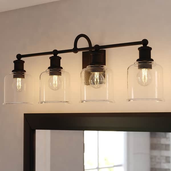 slide 2 of 11, Northbrook Black Traditional Bathroom Vanity Wall Lighting Fixture, Clear Seeded Glass Shade, Dimmable, LED Compatible Matte Black - 32-in W x 11.25-in H x 7.75-in D