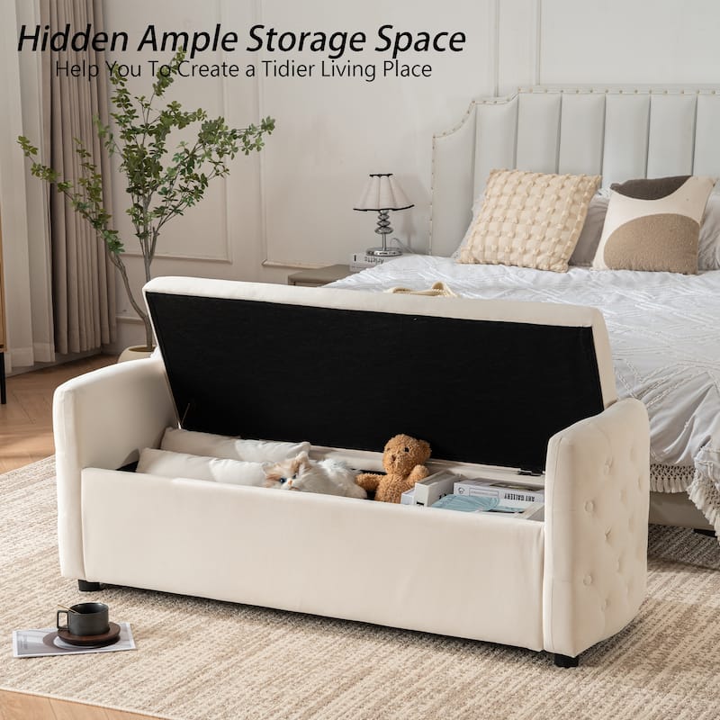Storage Bench for Bedroom, 60" End of Bed Bench for King Size Bed Modern Upholstered Long Bench with Tufted Arm