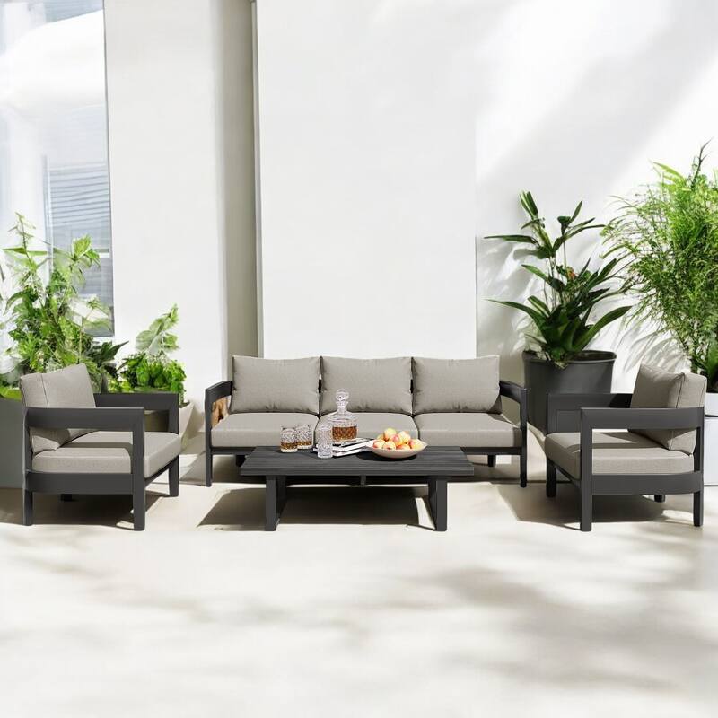 3-Piece Patio Furniture Set with Wood Table and Cushions with 2 Chairs and Bench – Outdoor Seating for Garden, Lawn, or Poolside - Light Gray