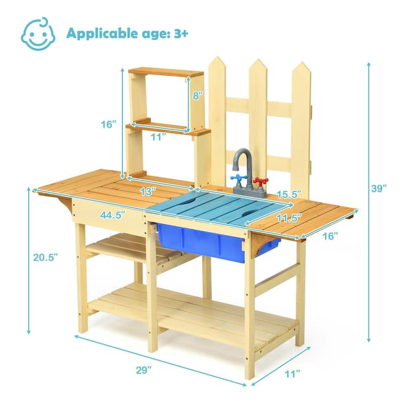 Kid's Outdoor Wooden Pretend Cook Kitchen Playset Toy - 43" x 15" x 39.5" (L x W x H)