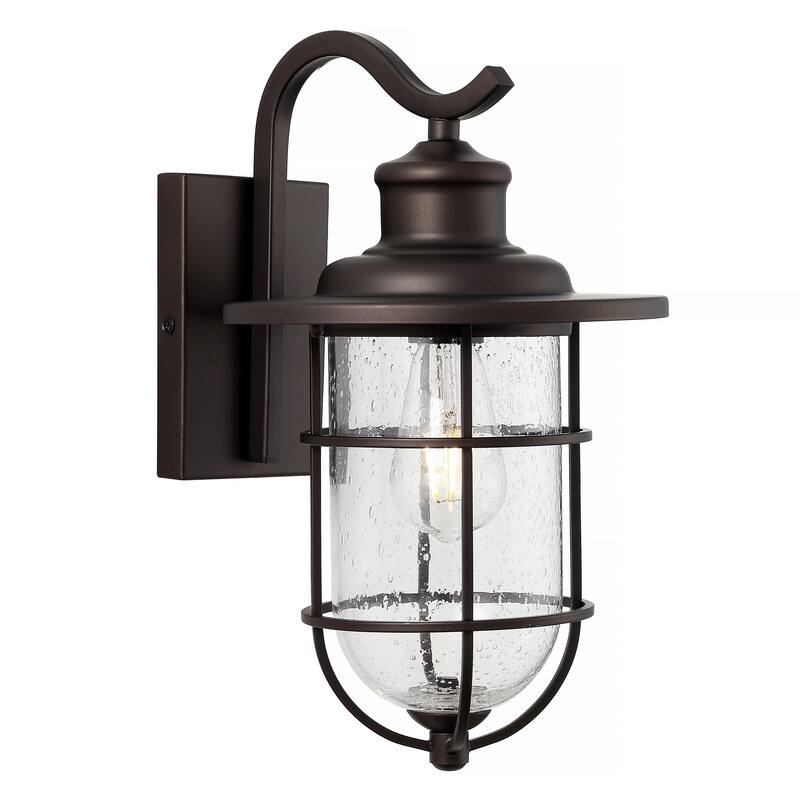 Marais 10.5" 1-Light Iron/Seeded Glass Rustic Industrial Cage LED Outdoor Lantern, Oil Rubbed Bronze by JONATHAN Y - Oil Rubbed Bronze