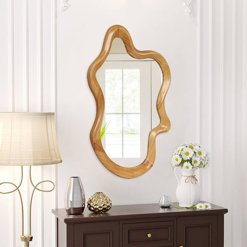33.46" x 22.24" Irregular Shaped Wall Mirror with Natural Wood Frame