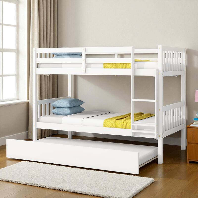 Twin Over Twin Rubber Wood Bunk Bed with Trundle, Convertible into Twin Beds, Ladder and Safety Guardrails