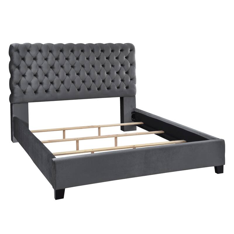 Roundhill Furniture Apoera Velvet Upholstered Button Tufted Bed, King, Gray