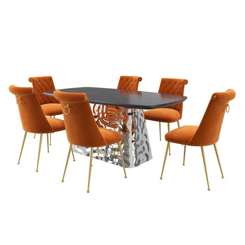 7-Piece Clihome Modern Stainless Steel Table Velvet Chair Dining Set