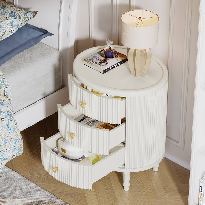 Wooden Nightstand with 3 Drawers and Solid Wood Legs for Bedroom, White