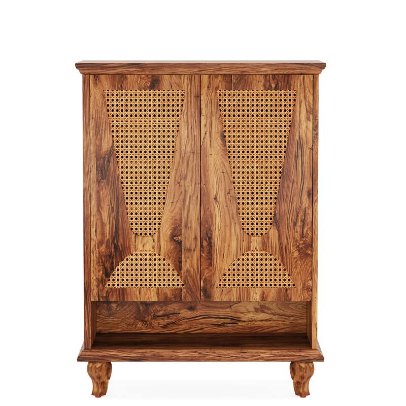 25" Modern Rattan Natural Wood Shoe Cabinet with 5-Tier