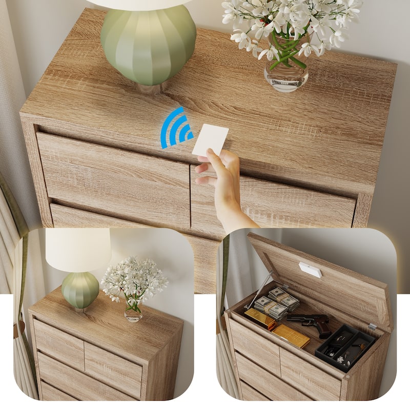 Wood Grain Nightstand,5 Drawers + 3 Hidden Spaces + Flip - Up Top,for Bedroom Privacy