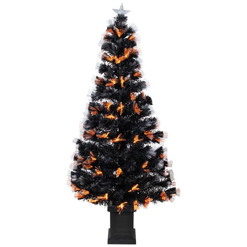 8-Function Fiber Optic Artificial Pine Potted Halloween Tree - 5' - Black - Orange and Purple LED - 3-to-6-feet