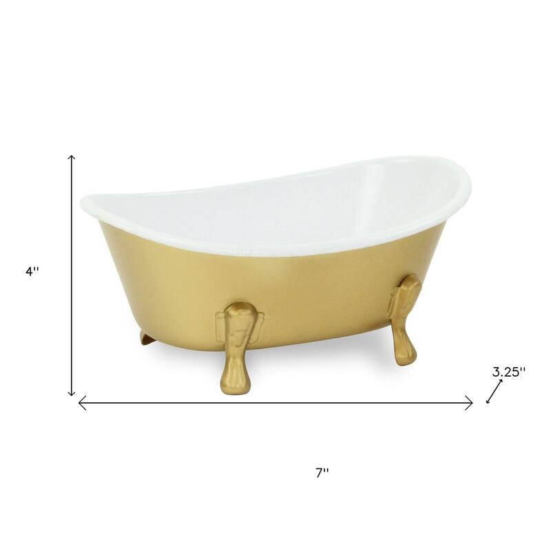HomeRoots 7" Gold And White Metal Hand Painted Decorative Tub - 7.00 in. x 3.25 in. x 4.00 in.