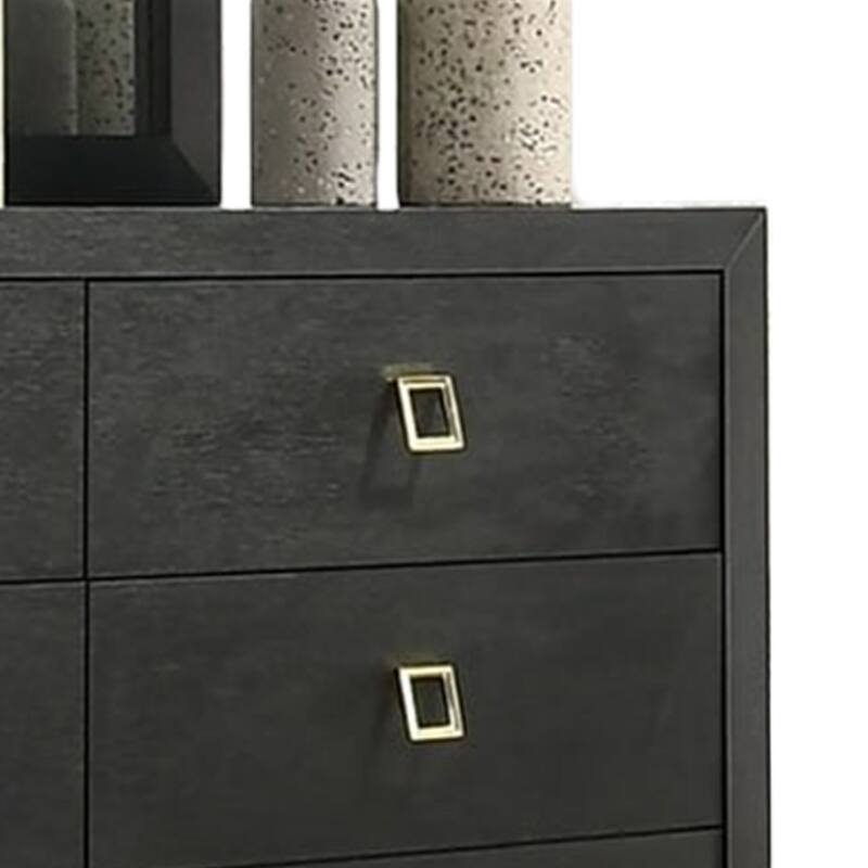 Lati Wide Dresser, 6 Drawers, Modern Black Wood, Gold Metal