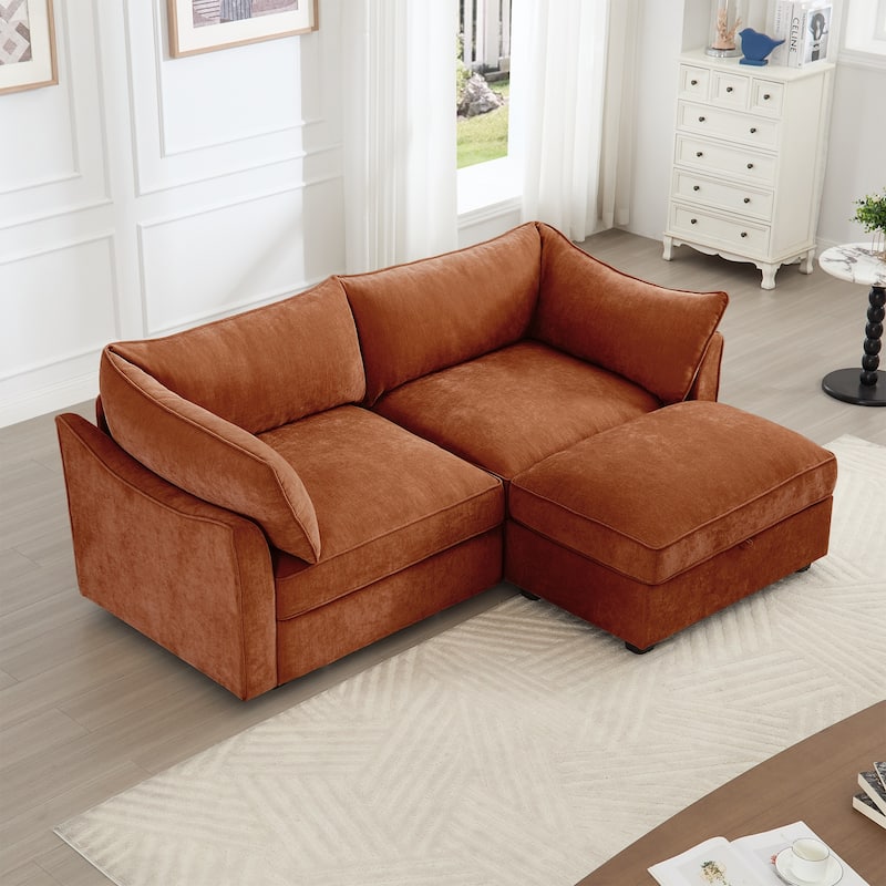 2-Seater Loveseat with 1 Movable Ottoman & Pull out Storage Drawer Under Seat - Orange