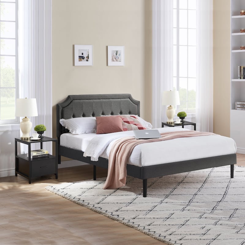 VECELO 3-Pieces Modern Upholstered Bed with Height Adjustable Headboard and Nightstands Sets