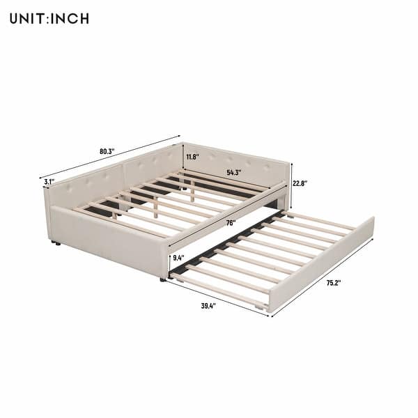 dimension image slide 0 of 2, Full Size Upholstered Platform Bed with USB and Twin Size Trundle, Beige