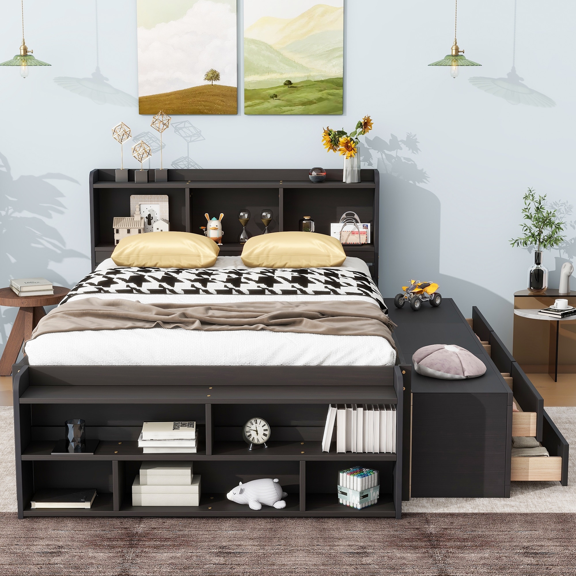 Queen Bed Frame / Bookcase Headboard / Pullout Trundle Bed Grey