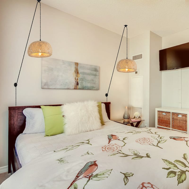 Modern Plug in Cord Bamboo Lantern Pendant Light with Switch -Woven Rattan Shade Chandelier Adjustable Hanging Wall Lamp