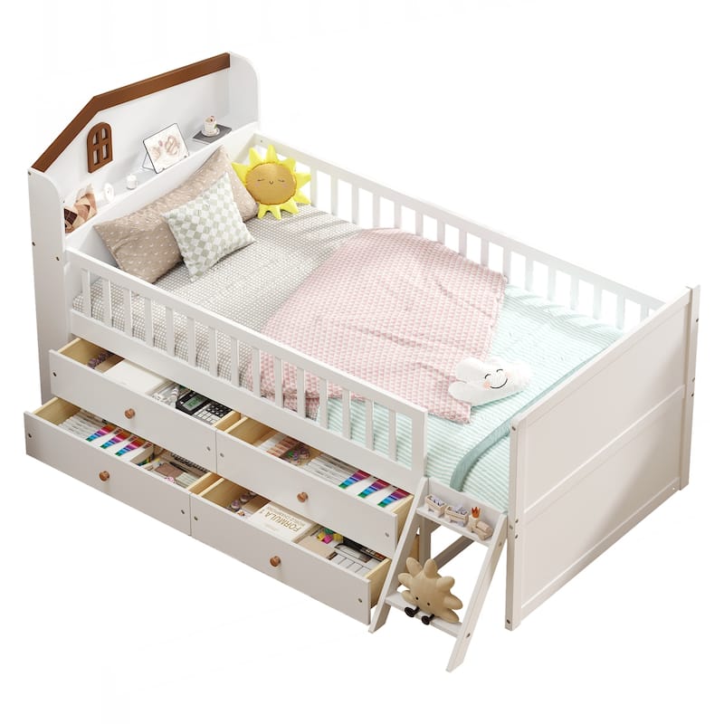 Twin Bed Frame with Storage 4 Drawers,Wooden Bed Frame for Kids,Platform Twin Size Bed with Guardrail Headboard