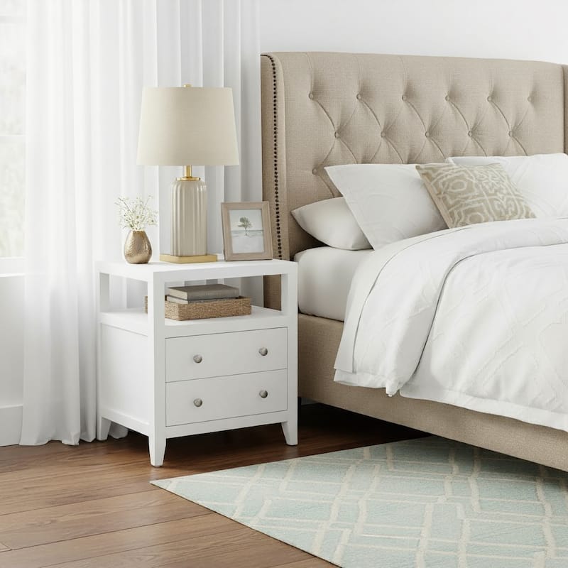 Dana 21 in. W Rectangular Wood 2 Drawer Narrow Nightstand with Top Open Shelf - Smooth White