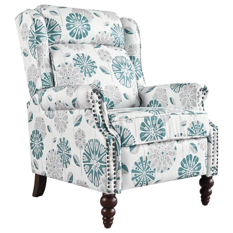 Roomfitters Push Back Recliner Armchair with Wing Back and Nailhead Trim, White and Blue Pattern