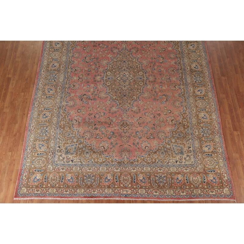 Hand Knotted Oriental 100% Wool Carpet Traditional Floral Pink Mashad Area Rug - 12' 10'' X 9' 7''
