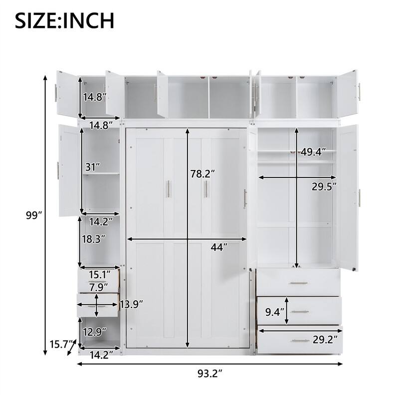 Twin/Full Size Murphy Bed with Wardrobe, Storage Drawers and Lockers, Solid Wood Wall Bed Cabinet Bed w/ Open Shelves & Cabinets