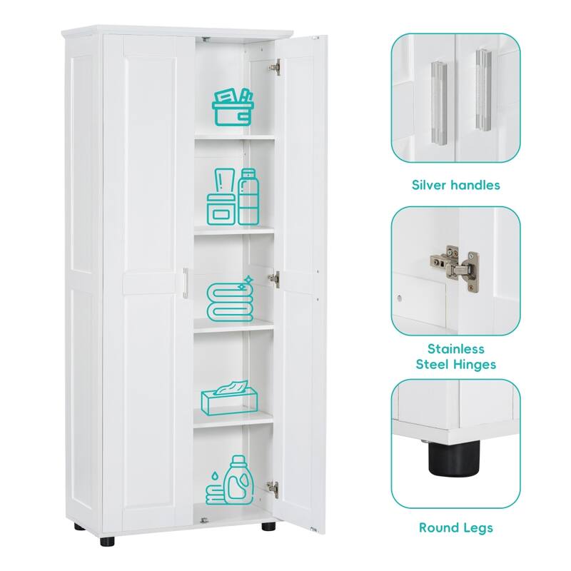 71.3'' Tall White Storage Cabinet with 2 Doors, Adjustable Shelf and MDF Board, for Bathroom, Office
