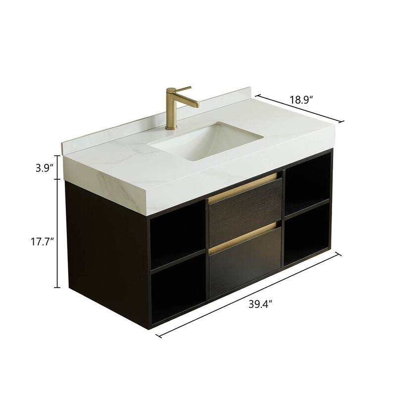 Modern Wall-Mounted Bathroom Vanity with Faux Marble Top and MDF Cabinet, Single Sink