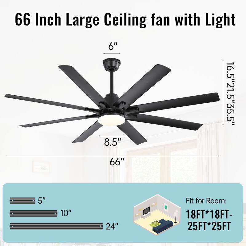 52 Inch/66 Inch/72 Inch Modern Ceiling Fan with Dimmable LED Light ,Remote&APP Control,8 Blades for Large Living Room,Porch