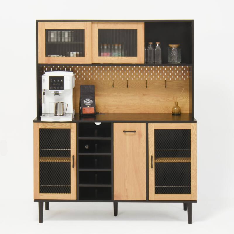 Kitchen Pantry Cabinet with Storage Doors, Coffee Bar Cabinet with Power Outlet, Buffet Sideboard Cabinet with Wine Rack