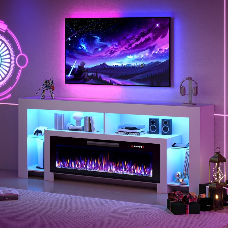 BOSSIN 82" Electric Fireplace TV Stand Entertainment Center, High Gloss with LED Lights, Holds TVs Up to 90 Inches, White - White