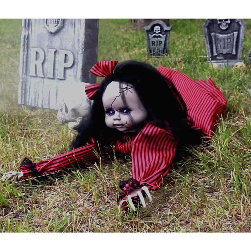Haunted Hill Farm 44 In. Animatronic Doll, Indoor/Outdoor Halloween Decoration, Light-up Blue Eyes, Crawling, Battery