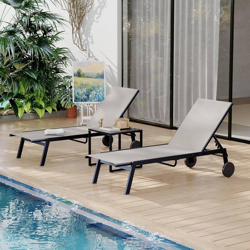3Pcs Patio Chaise Lounge Chairs with Side Table, Adjustable Backrest Poolside Lounger Chairs with Wheels