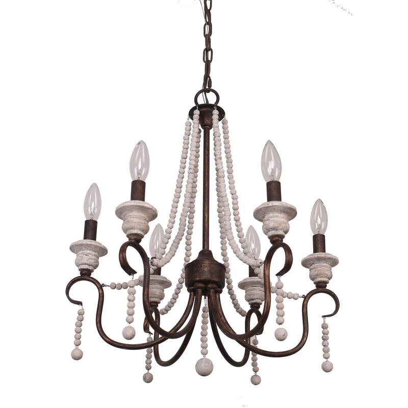 Cusp Barn Modern Farmhouse 6-Light Wood Beaded Chandelier Coastal Pendant Light French Country Candle Ceiling Light for Kitchen