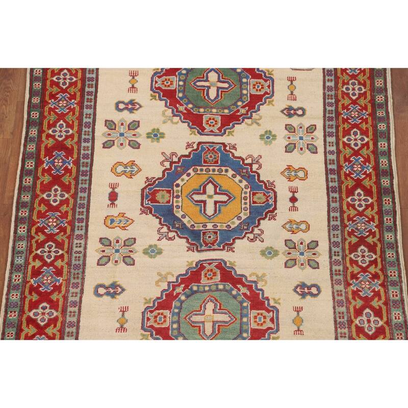 Beige Geometric Kazak Area Rug Hand-Knotted Wool Carpet - 4'2" x 5'9"
