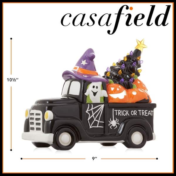 PreLit Ceramic Halloween Truck with Pumpkin HandPainted Decor