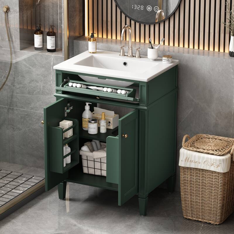 Bathroom Vanity with Sink, Bathroom Cabinet with Tip-Out Drawer, Adjustable Shelf & 2 Doors, Small Bathroom Storage Cabinet - Green