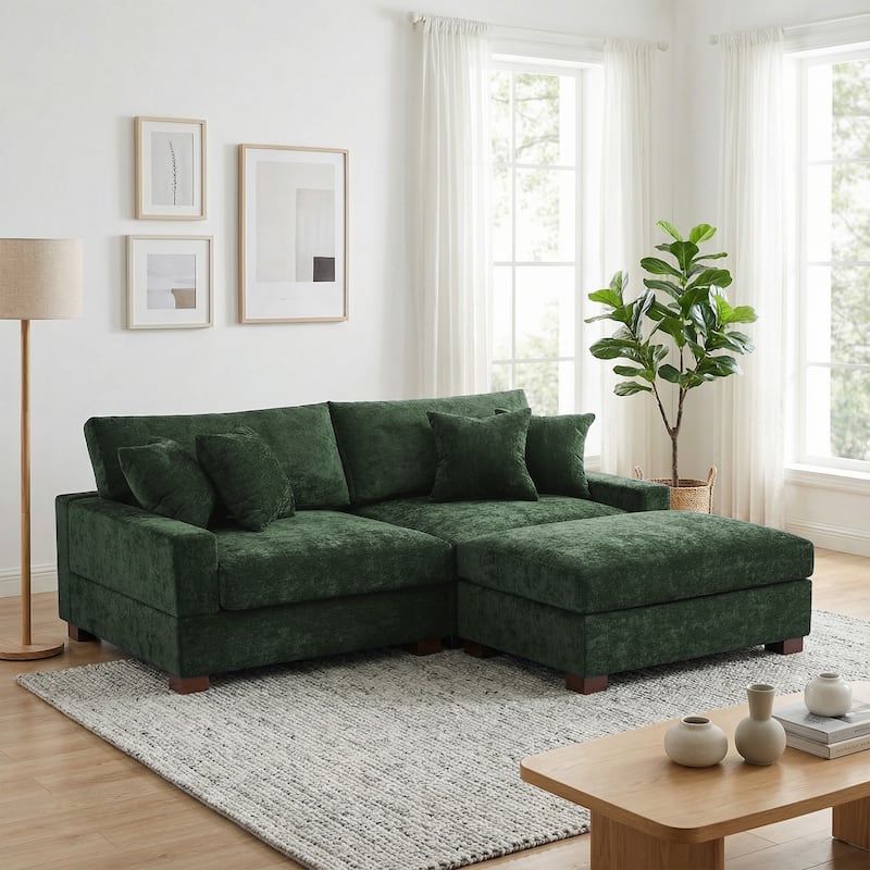 Oversized Chenille Modular Sectional Sofa Living Room Set with Ottoman - Green/3 Piece