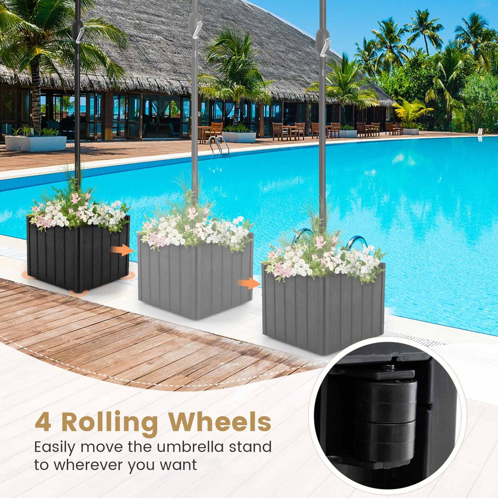 large patio umbrella with planter box stand 170lbs Filled Base, Heavy Duty 2-in-1 Umbrella Wheels & Fillable Planter, Square Umbrella Holder for Patio, Poolside & Deck Black Premium HDPE material is crack 150 Pounds Patio Umbrella Base