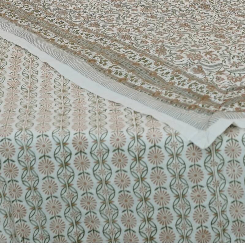 Fabdivine Luxury Hand Block Print Cotton Quilt Floral Boho Bedding for Bedroom & Sofa, Green Gray, Handmade Reversible Bedspread - 95" X 108" - Blue,White