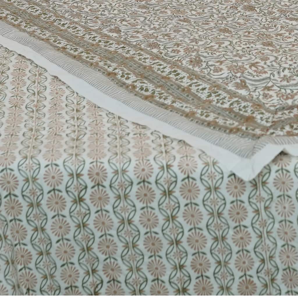 Fabdivine Luxury Hand Block Print Cotton Quilt Floral Boho Bedding for Bedroom & Sofa, Green Gray, Handmade Reversible Bedspread