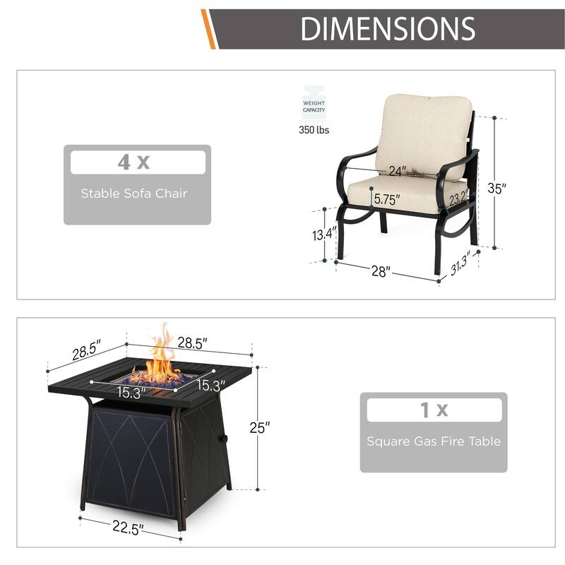 MAISON ARTS Patio Conversation Set 5 Pieces with 28'' Gas Fire Pit Table