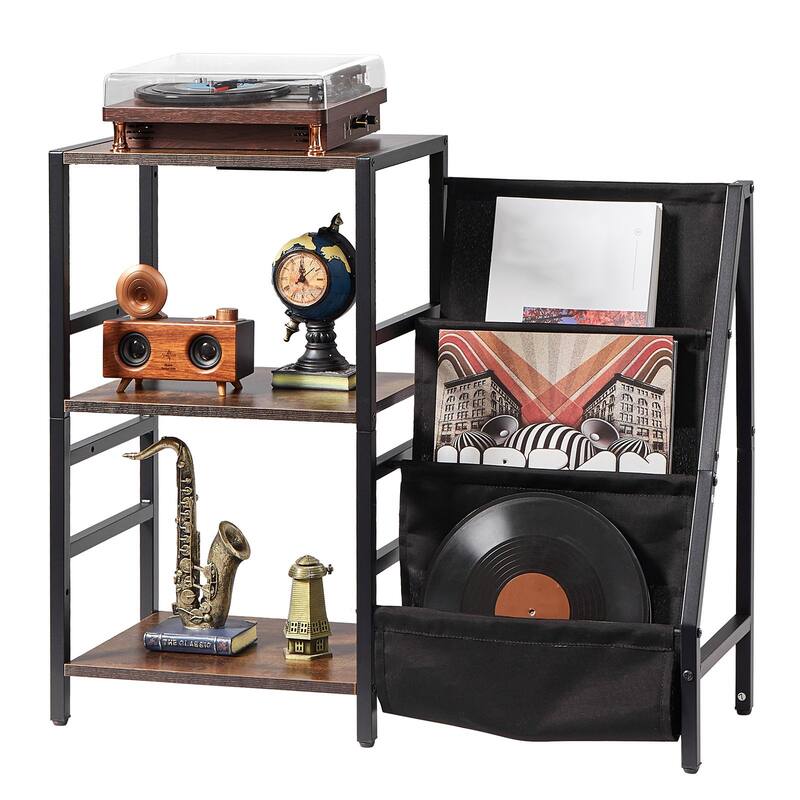 Black 3-Tier Record Player Shelf with Built-in Power Strip Music-Sync Lights and 200 Vinyl Storage Slots