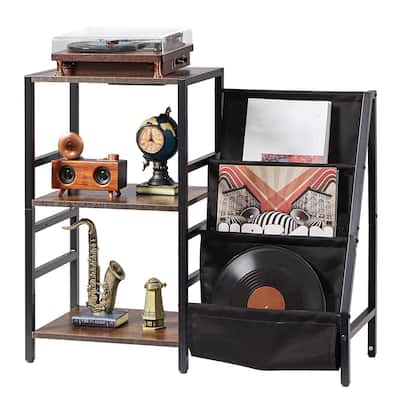 Black 3-Tier Record Player Shelf with Built-in Power Strip Music-Sync Lights and 200 Vinyl Storage Slots